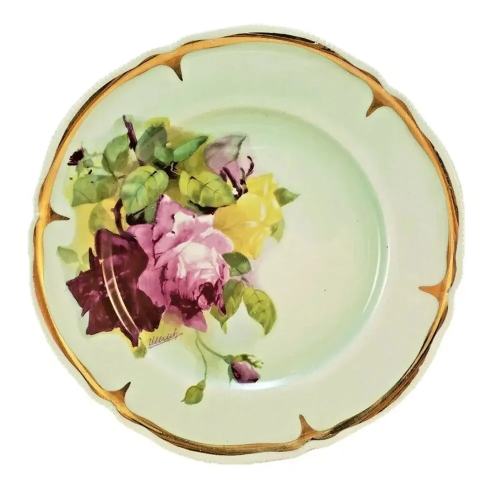 Vtg Porzellan Imperial Set of 2 Dinner Plates Mint green‎ Pink Roses by Ullrich